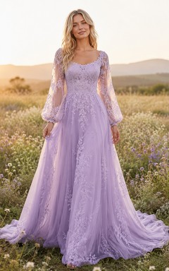 Robe de mariée violette bohème à manches longues en dentelle et tulle, coupe trapèze