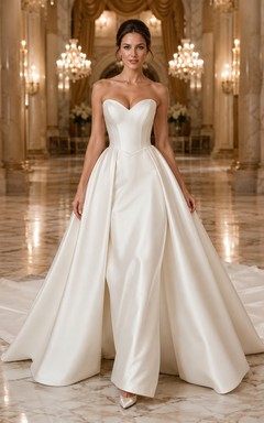 Vestido de novia minimalista de satén, estilo princesa, sin tirantes, escote corazón, cola de corte.