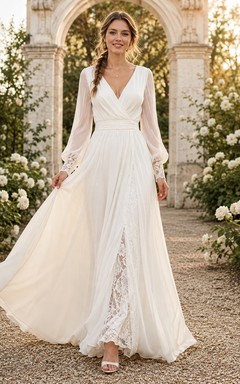 Bohemian Civil Long Sleeve V-Neck Chiffon Lace A-Line Floor-Length Mariage Dress