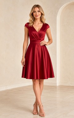 Rotes Cocktailkleid aus Satin mit V-Ausschnitt und kurzen Ärmeln