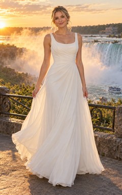 Schlichtes, ärmelloses, drapiertes Chiffon-Brautkleid in A-Linie mit Wasserfallausschnitt und bodenlanger Passform