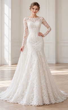 Long Sleeve Bateau Fitted Waist Lace Sheath Bridal Wedding Dress
