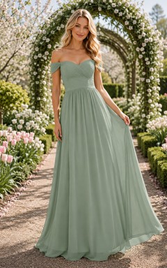 Sage Spring Garden A-Line Chiffon Bridesmaid Dress with Off-Shoulder Sweetheart Short Sleeve Bodice, Pleated Floor-Length Skirt and Zipper Back