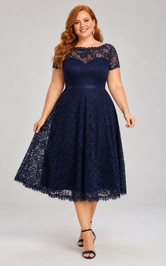Dark Navy Lace Cap Sleeve A Line Cocktail Dress