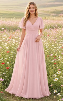Pearl Pink Chiffon A-Line V-Neck Flutter Sleeve Pleated Low Back Floor-Length Bridesmaid Dress