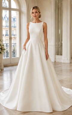 Vestido de novia sencillo y modesto con cola de corte A y escote barco.