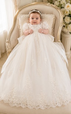 Baby Baptism Christening Ceremony Gown A-Line Floor-Length Jewel Neck Puff Sleeve Tulle Lace Bow Back Button Back