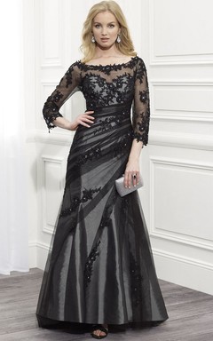 A-Linien-Abendkleid aus Tüll und Satin mit Rundhalsausschnitt, Applikationen, bodenlang, 3-4 Ärmeln, Perlenstickerei und seitlicher Drapierung