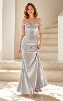 Silver Satin Off Shoulder Mermaid Petite Prom Gown With Drape