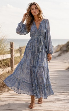 Steel Blue Printed V-Neck Poet Sleeve Bohemian Maxi Dress Beach
