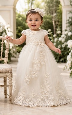 Floral Applique Christening Gown A-Line Tulle Lace Sleeveless Floor-Length