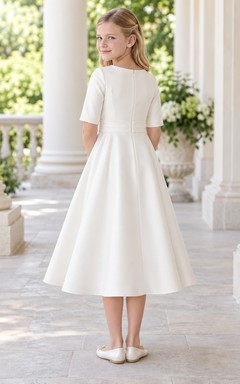 Simple Modest Ivory Tea-length Elbow Sleeve Side Rosette Draped Tail Flower Girl Dress