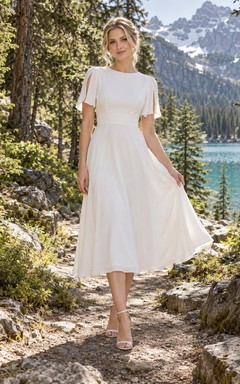 Sencillo vestido de novia de largo midi con escote barco, mangas cortas con abertura y falda en línea A.