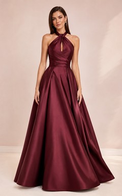 Burgundy Halter Sleeveless Satin Sweep Train Ball Gown