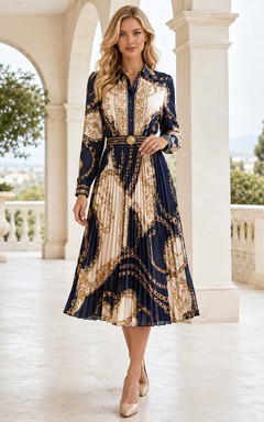 Vestido midi plisado de manga larga con estampado de bufanda azul marino
