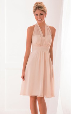 Halter V-Neck Knee-Length Bridesmaid Dress With Pleats