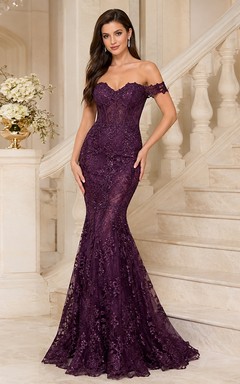 Plum Off-Shoulder Sweetheart Lace Mermaid Sweep Train Sexy Evening Prom Gown