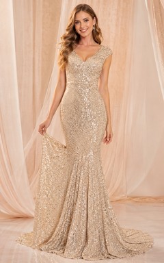 Champagne Lace V-neck Long Sleeve Mermaid Sweep Train Evening Gown