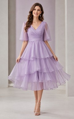Romantic Lavender V-neck 3/4 Length Sleeve Organza A-Line Tiered Dress