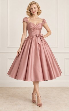Vestido de dama de honor vintage color rosa empolvado, largo hasta la rodilla, escote corazón, mangas cortas y satén fruncido.