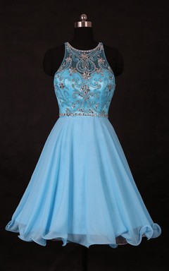 Mini Sleevelss Chiffon Dress With Beading And Keyhole Back