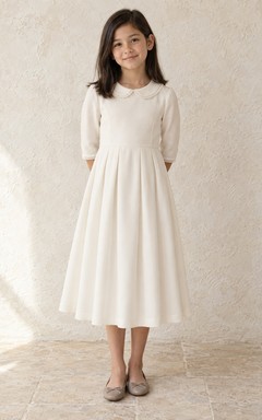 Modest Simple Ivory Tea-length Round-Collar Tiny-Loop-Lace-Cuff Slim Three-Quarter-Sleeve Cluster-Pleated Matte Zipper-Back Flowergirl Dress