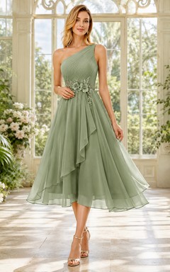 Vestido de gala de gasa con un solo hombro, estampado floral y cintura en cascada, corte A, color verde salvia.