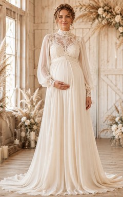Bohemian Romantic High-Neck Long-Sleeve Lace-Tulle Tiered A-Line Floor-Length Wedding Dress