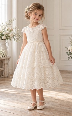 Teelanges elfenbeinfarbenes Sommerkleid mit Blumenmuster, A-Linien-Schnitt, Spitzenärmeln und Muschelsaum für Blumenmädchen
