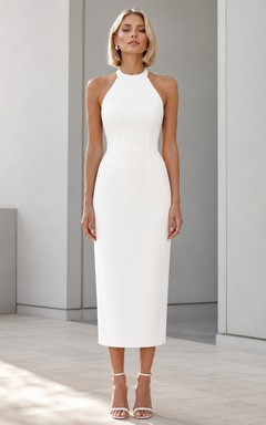 Vestido de cóctel sencillo blanco de satén elástico, largo hasta la rodilla, con escote halter y sin mangas.