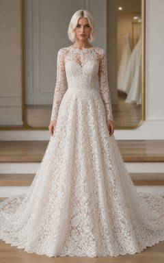 Vestido de novia de encaje de corte A con mangas largas y estilo catedral para novias mayores y modestas