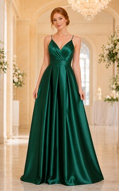 Emerald spaghetti V-neck satin floor length A-line bridesmaid dress