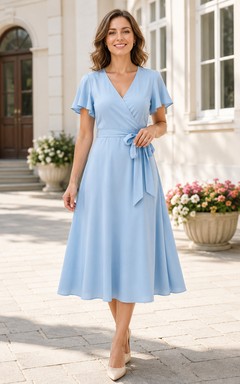 Vestido cruzado de gasa azul cielo con escote en V y largo hasta la rodilla, ideal para la escuela de la madre.