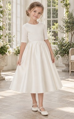 Simple Modest Tea-length Ivory Jewel Cuffed Half-sleeve Gathered Satin-skirt Zipper-back Flower Girl Dress