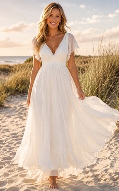 White Bohemian Chiffon V-Neck Petal-Sleeve A-Line Beach Evening Gown