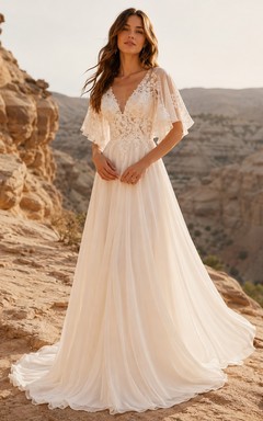 Boho V-Neck Flutter Sleeve Lace Chiffon A-Line Sweep Train Elopement Wedding Dress