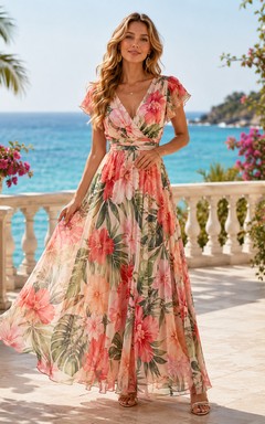 Coral Tropical Print Flutter Sleeve Resort Maxi Dress