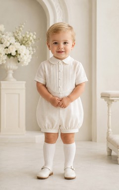 White Pintuck Front Peter Collar Short Sleeve Ceremony Romper for Baby Boy