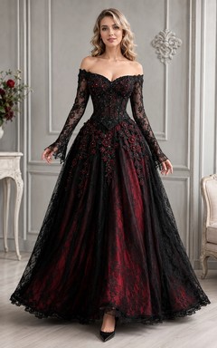 Vestido de gala formal de noche de terciopelo gótico negro y rojo con encaje y mangas largas