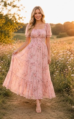 Perlmuttrosa, geblümtes Chiffonkleid mit eckigem Ausschnitt, Puffärmeln und A-Linien-Schnitt, knöchellang
