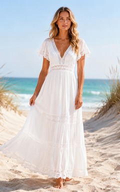 Boho Short Sleeve Beach White V-Neck Tiered Maxi Dress