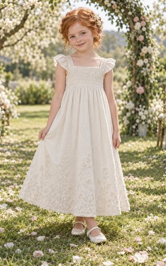 Square Neck Country Ivory A-line Lace Ankle-length Ruffle-sleeve Smocked Flower Girl Dress