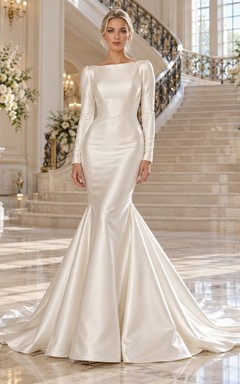 Simple Mermaid Long Sleeve Bateau Satin Court Train Wedding Dress