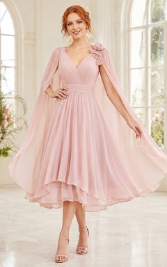 Blushing Pink Floral V-Neck Long Sleeve Chiffon Cape A-Line Tea-length Romantic Dress