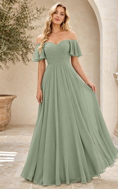 Formal Off-shoulder A-line Chiffon Floor-length Romantic Bridesmaid Dress