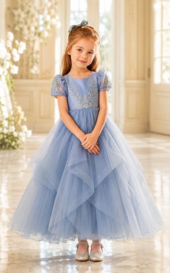 Vestido de niña de las flores, azul acero, encaje, tul, corte en A, manga corta, escote redondo, largo midi, detalle de lazo.