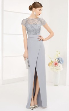 Bateau Short Sleeve Sequin Lace Top Long Prom Dress With Front Split
