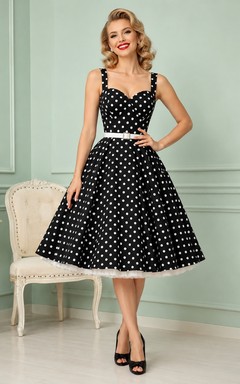 Schwarzes Vintage-Kleid aus Taft mit weißen Punkten, eckigem Ausschnitt und A-Linien-Schnitt, knielang