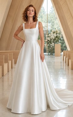 Square Neck Satin Chapel Gown With Long Train