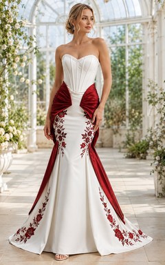 Rotes, trägerloses Brautkleid aus Satin mit Herzausschnitt, Korsett, Meerjungfrauen-Stil und drapierter Schleppe